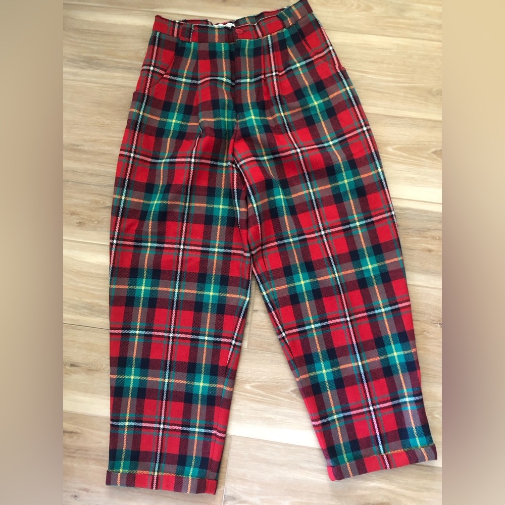 Vintage 80s Highwaisted Plaid Wool Blend Trousers 11/12
